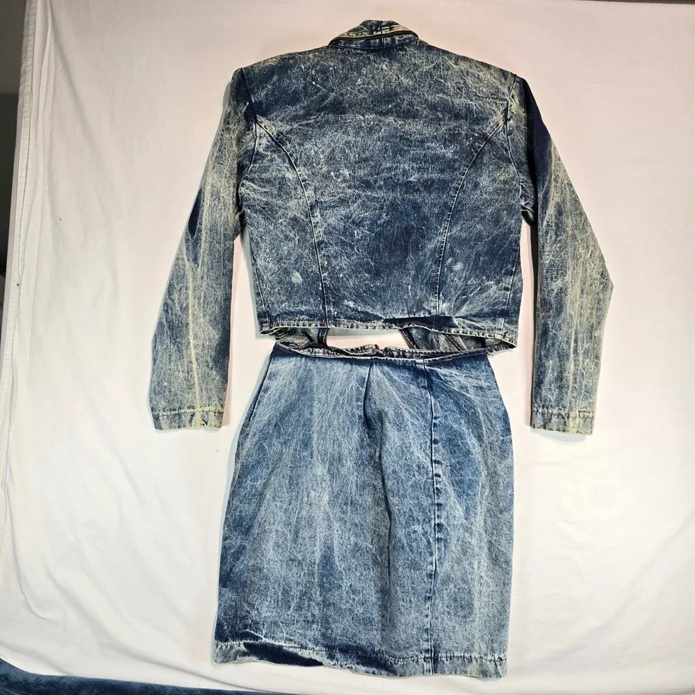 Champagne West Vintage 80s Acid Wash Denim Jacket and Skirt Set Blue Size 9/10 - Picture 2 of 15